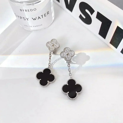 [Luna Brilliance]CLOVER 2 MOTIFS  DIAMOND ONYX EARRINGS SILVER