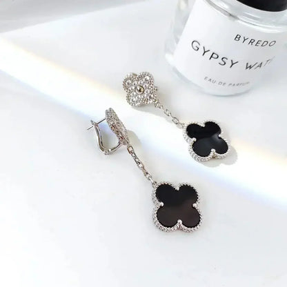 [Luna Brilliance]CLOVER 2 MOTIFS  DIAMOND ONYX EARRINGS SILVER