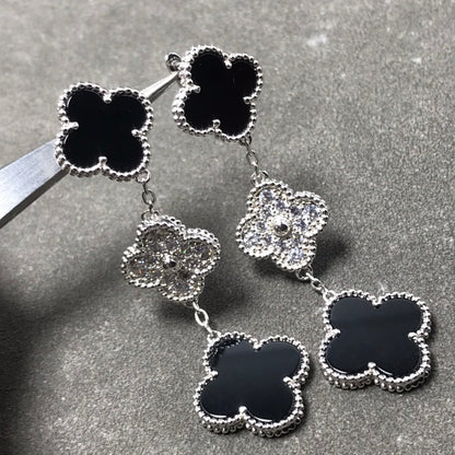 [Luna Brilliance]CLOVER 3 MOTIF DIAMOND ONYX SILVER EARRINGS