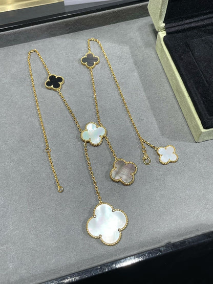 [Luna Brilliance]CLOVER 6 MOTIF MOP ONYX GOLD NECKLACE