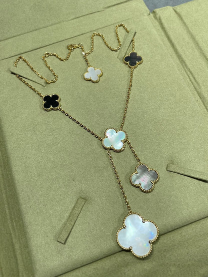 [Luna Brilliance]CLOVER 6 MOTIF MOP ONYX GOLD NECKLACE