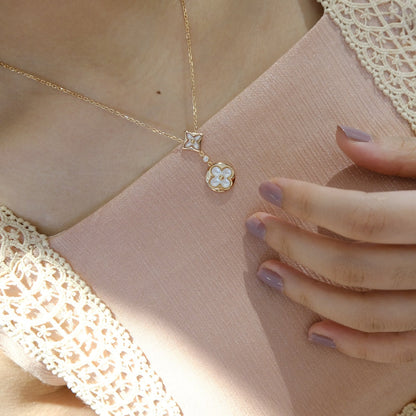 [Luna Brilliance]STAR AND SUN WHITE MOP 2 MOTIF PINK GOLD NECKLACE