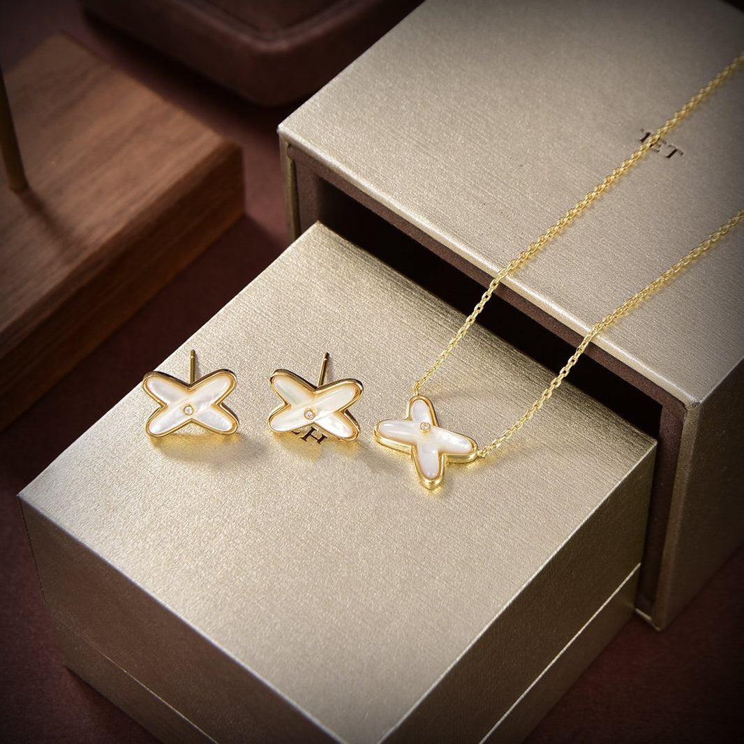 [Luna Brilliance]JEUX DE WHITE MOP GOLD DIAMOND EARRINGS